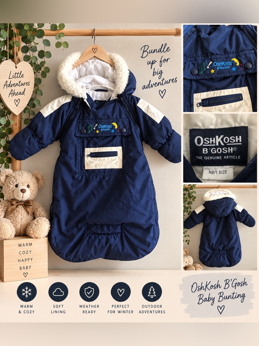 Vintage OshKosh B’Gosh Baby Bunting Snowsuit NB/1 Navy Hooded Winter Pram Suit
